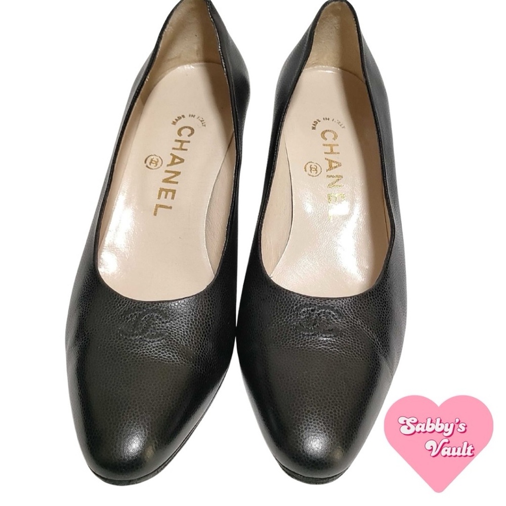 Chanel Black Leather Caviar Heels w CC Logo
